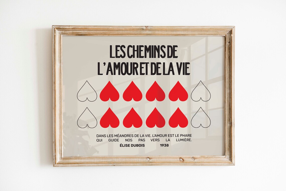 Vintage French Love Poem Red Hearts Les Chemins De L Amour Poster - Image 2
