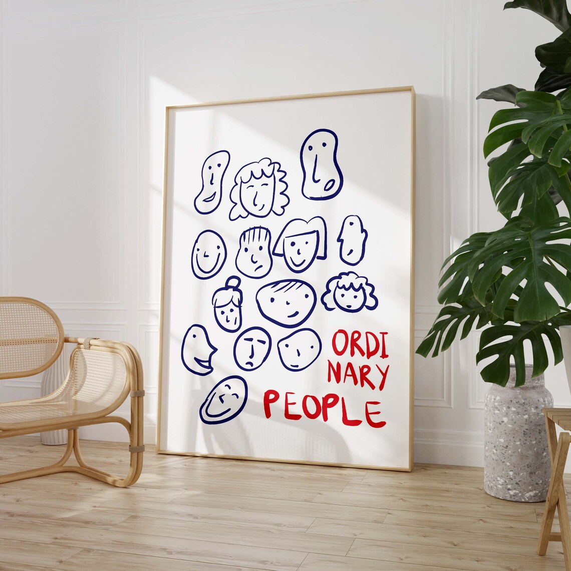 Ordinary People Blue Doodle Faces Whimsical Portrait Art Print - Image 3