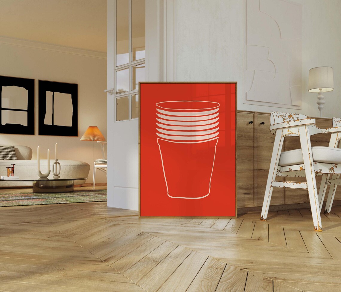 Red Solo Cup Line Art Stacked Party Cups Minimalist Art Poster - Image 3