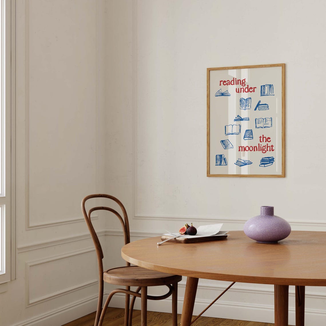 Reading Under The Moonlight Blue Books Sketch Cozy Library Art Poster - Image 2