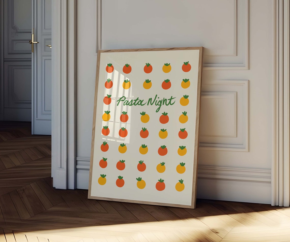 Pasta Night Red Tomato Grid Green Script Retro Kitchen Art Poster - Image 2