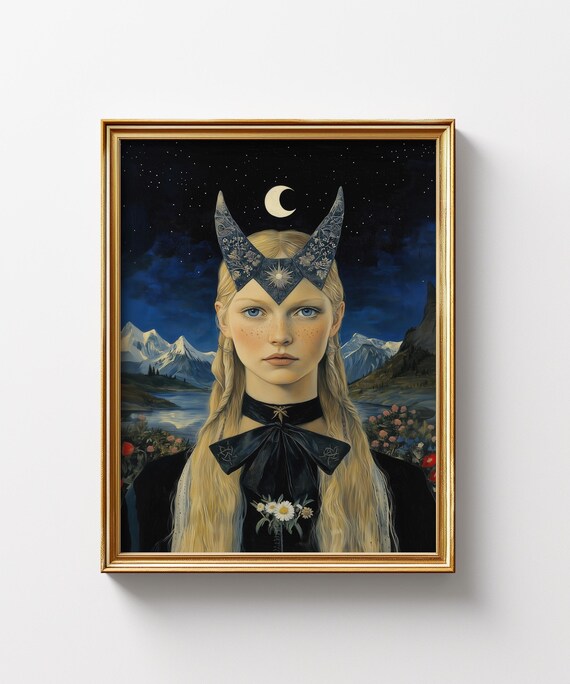 Valkyrie Moon Goddess Winged Headdress Snowy Mountains Night Poster