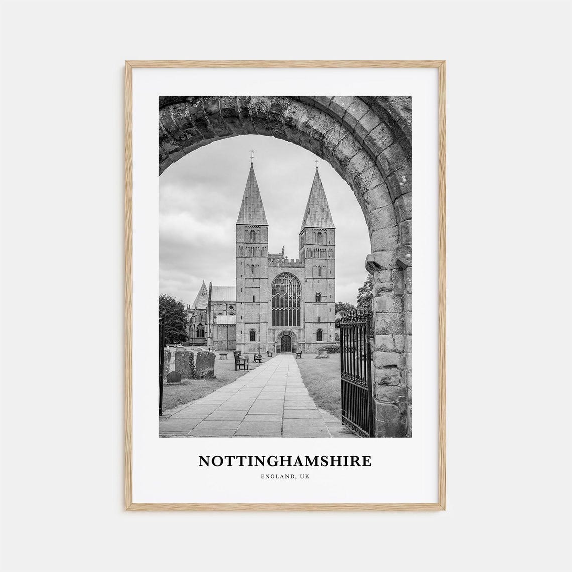 Nottinghamshire Cathedral View Framed by Ancient Stone Archway Poster
