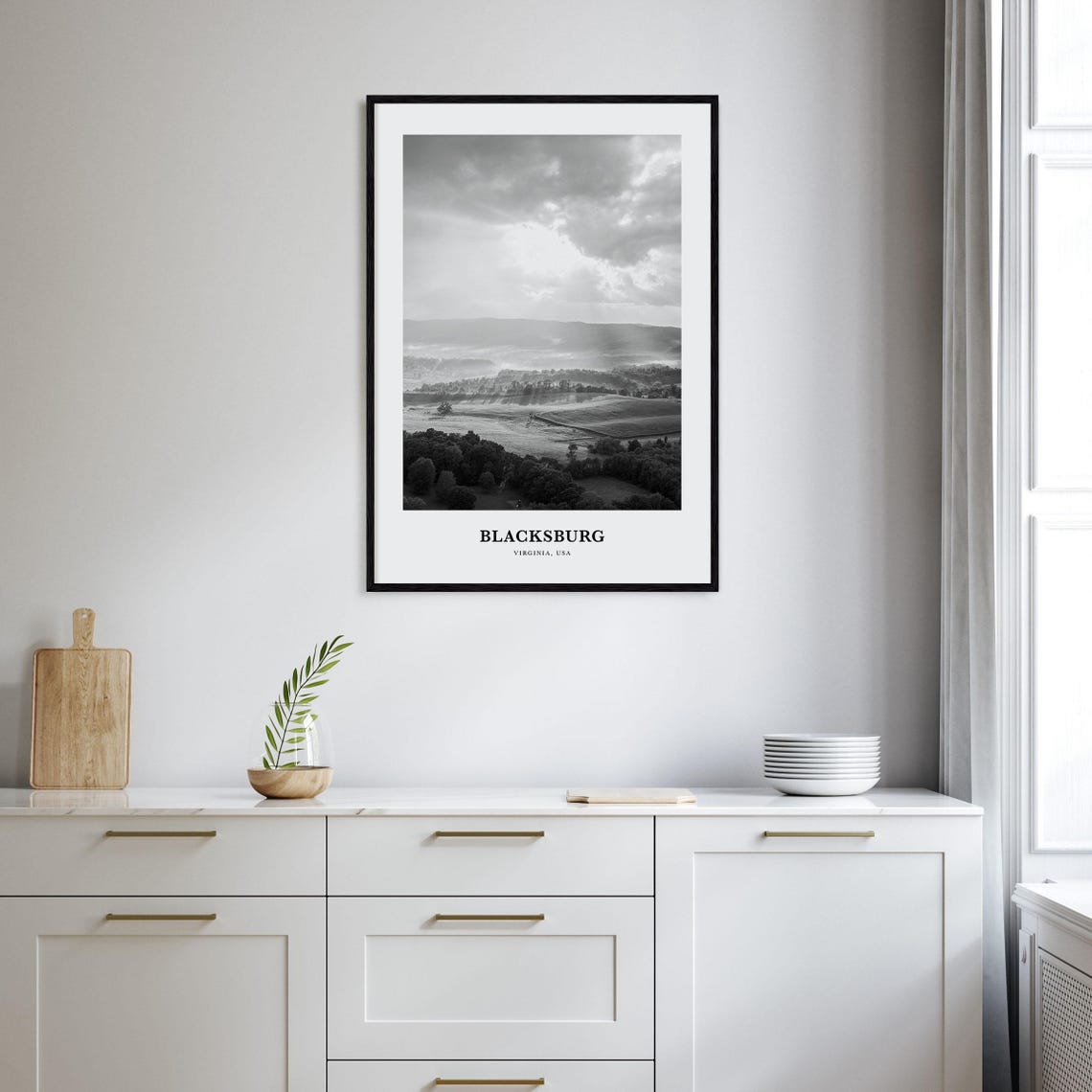 Blacksburg Virginia Misty Valley Sunrise Black and White Poster - Image 2