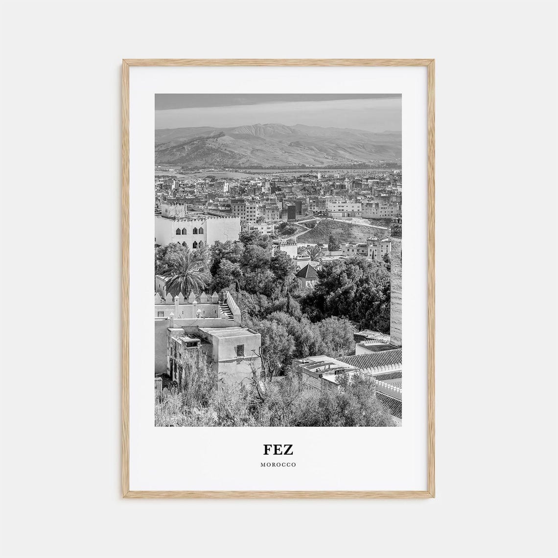 Fez Morocco Medina Rooftops Mountains Black and White Poster