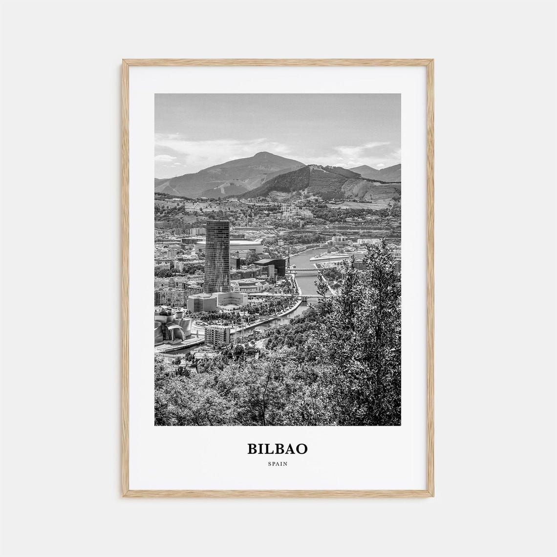 Bilbao Spain River Cityscape with Tower and Mountain Backdrop Poster