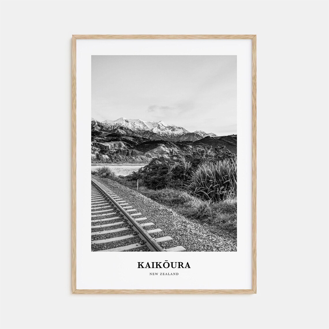 Kaikoura New Zealand Black and White Railway Snowy Peaks Poster