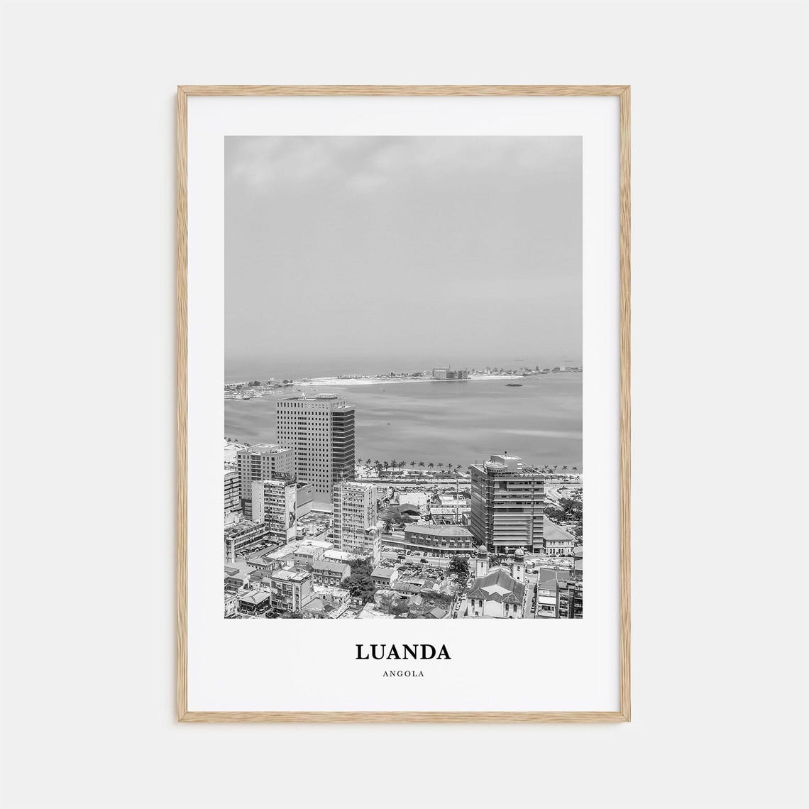 Luanda Angola Waterfront City Skyline Black and White Travel Poster