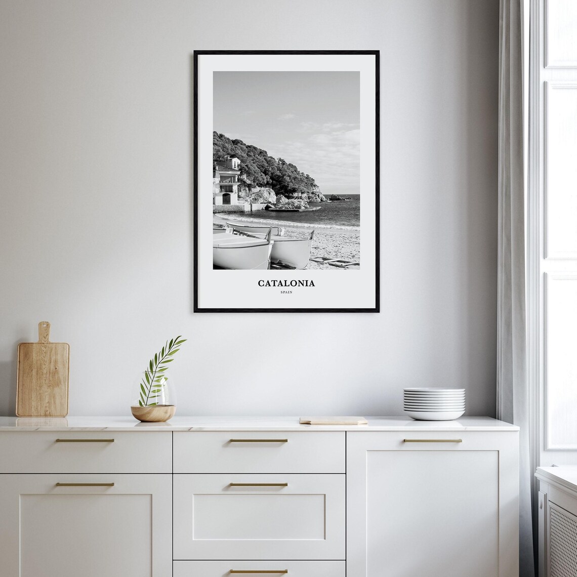Catalonia Spain Fishing Boats Sandy Beach Black White Travel Poster - Image 2