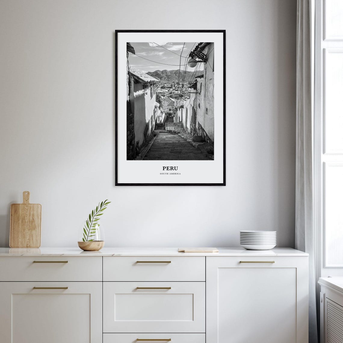 Peru Colonial Stone Street Old Town Stairs Black and White Poster - Image 2