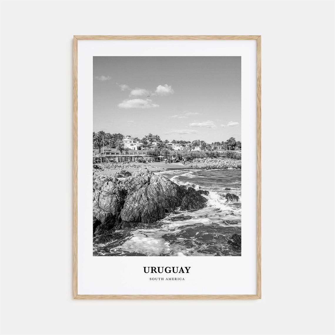 Uruguay South America Rocky Coastline Waves Monochrome Art Poster