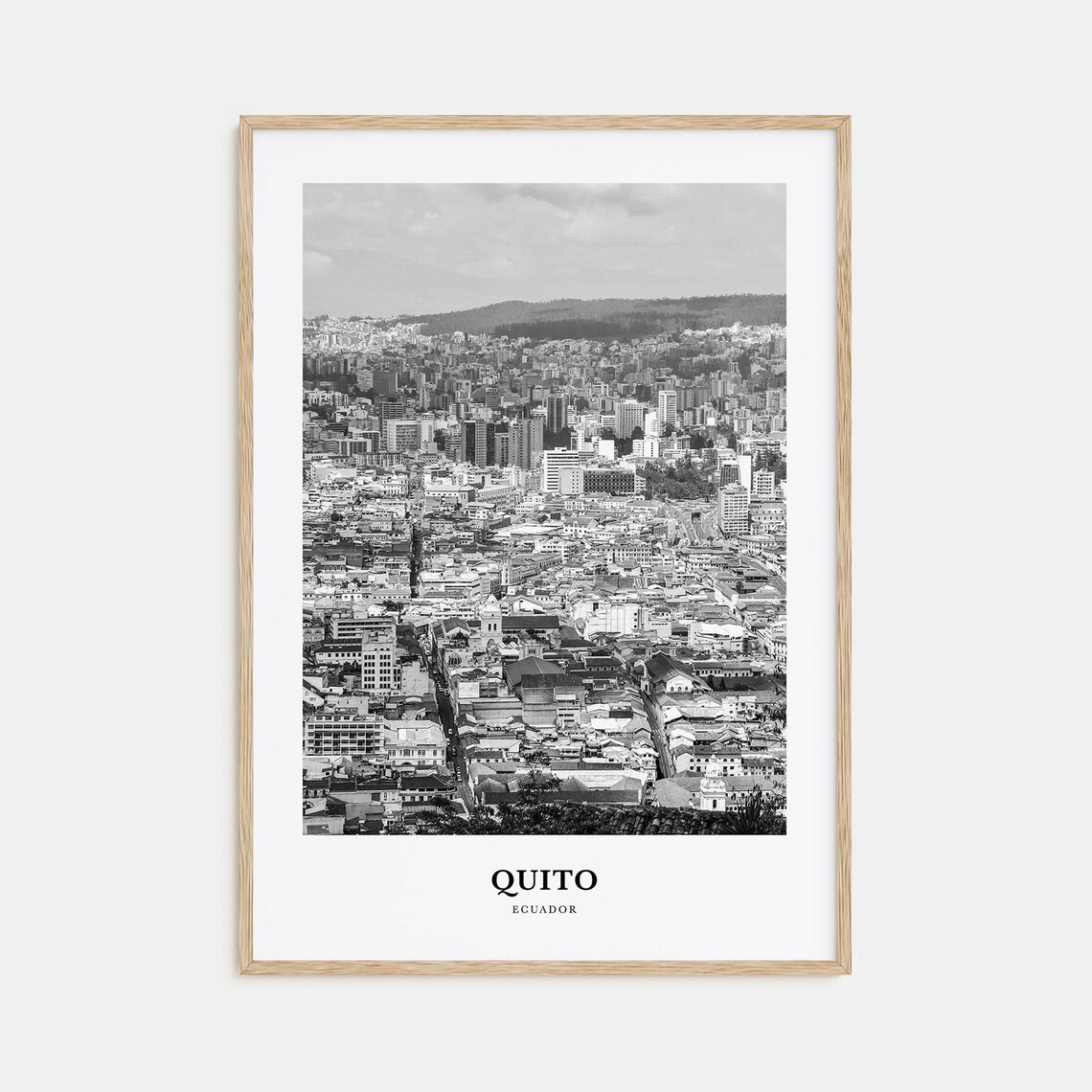 Quito Ecuador City Aerial View Black and White Travel Art Poster
