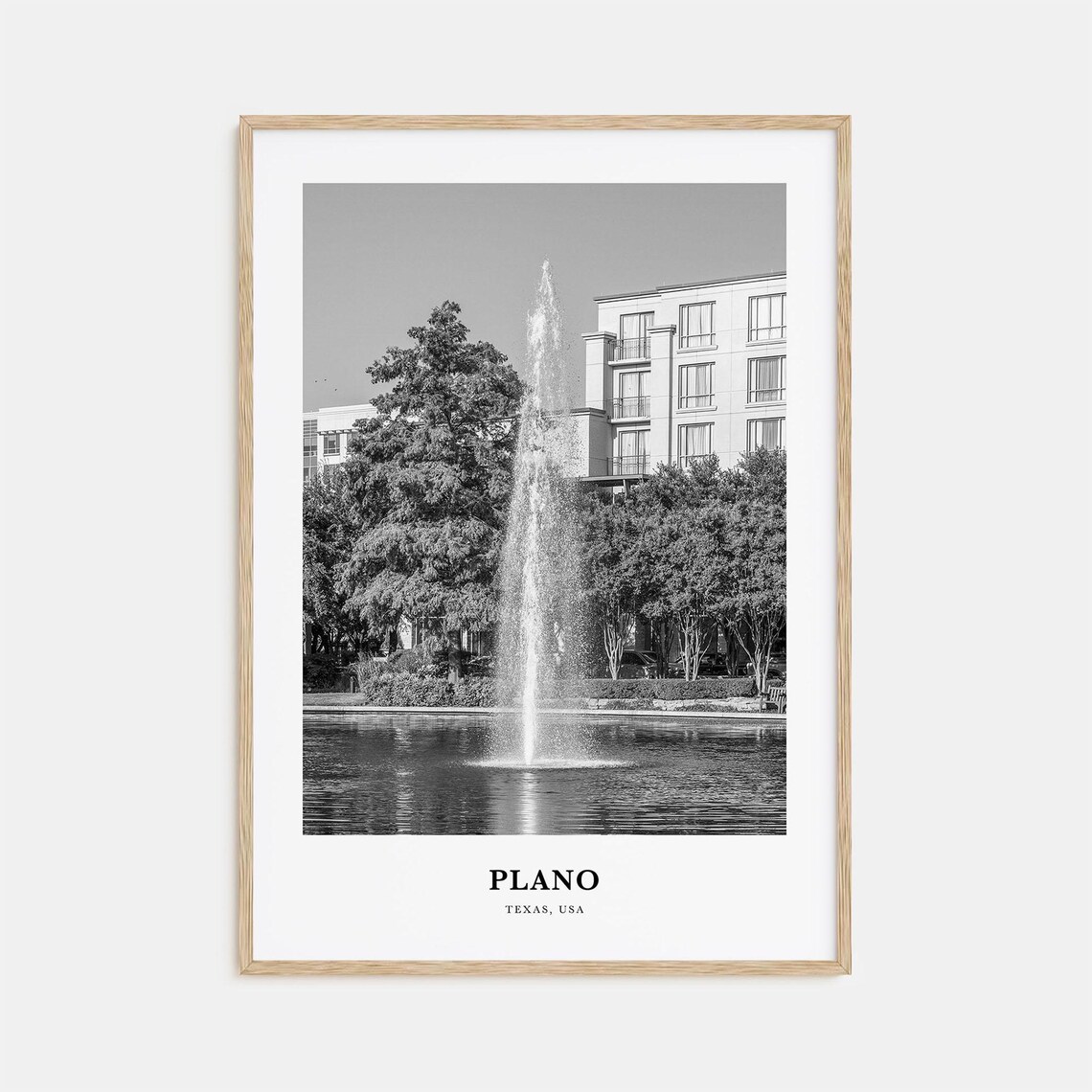 Plano Texas Lake Tall Fountain Waterfront Black and White Poster