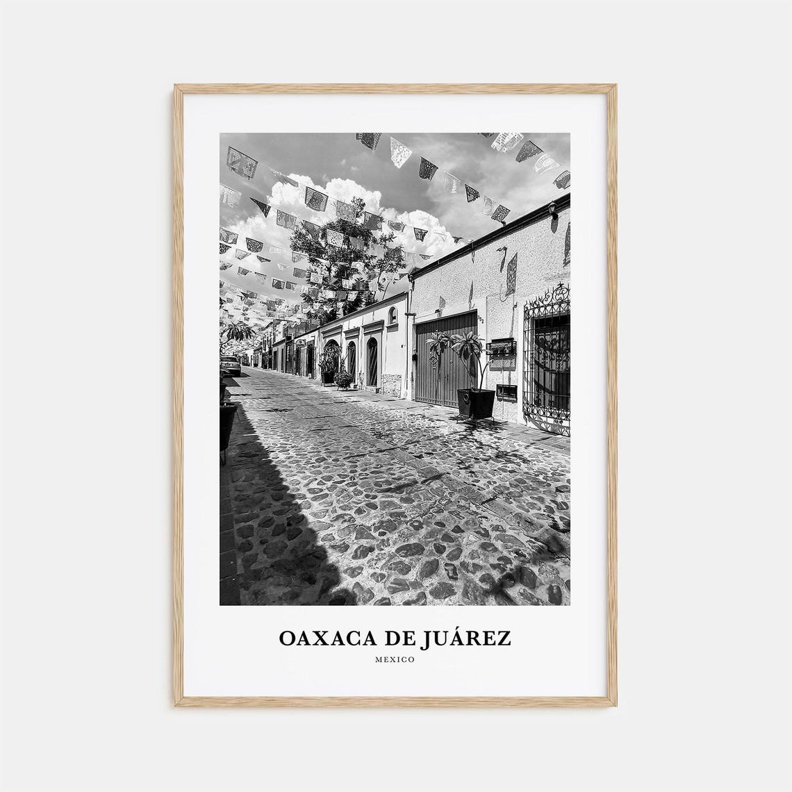 Oaxaca de Juarez Mexico Cobblestone Street with Papel Picado Poster