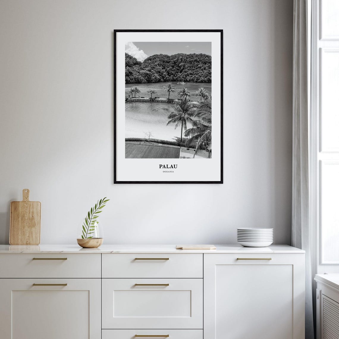 Palau Oceania Tropical Palms Beach Black and White Art Print - Image 2