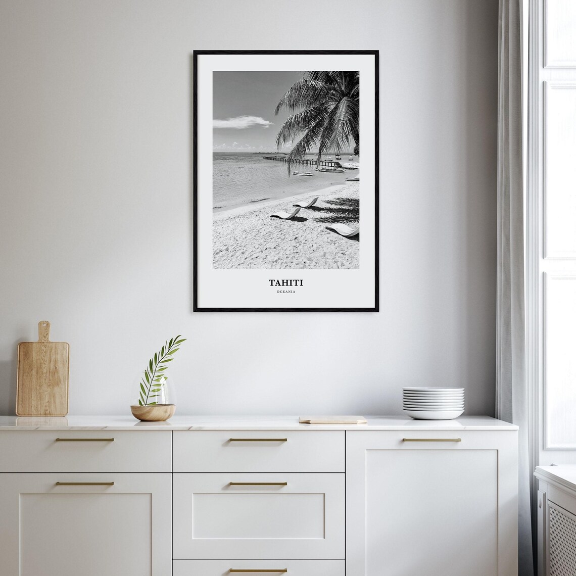 Tahiti Oceania Lagoon Beach Palm Pier Black And White Photo Poster - Image 2