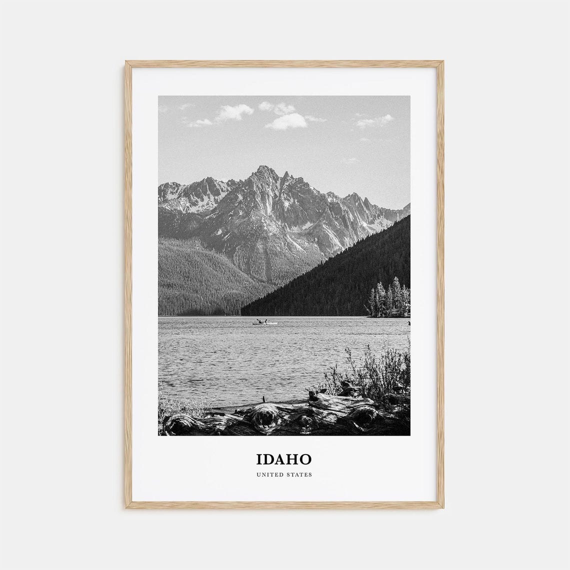Idaho Alpine Lake Jagged Peak Kayaker Black and White Photo Print