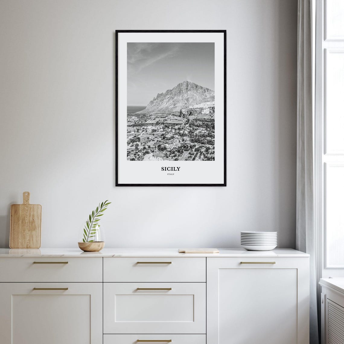 Sicily Italy Mountain Coast Landscape Black and White Travel Poster - Image 2