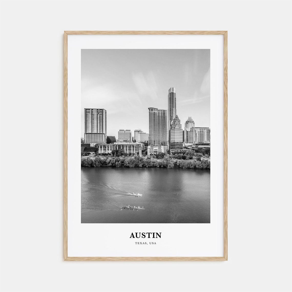 Austin Texas Skyline Over Lady Bird Lake Black and White Poster