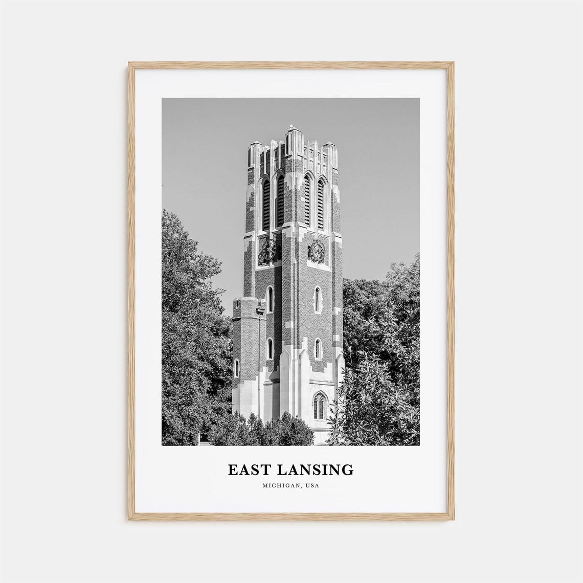 East Lansing Michigan Brick Clock Tower Black and White Poster