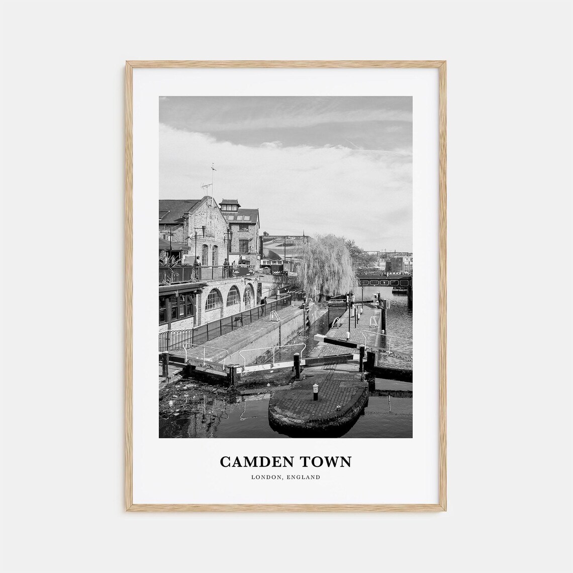 Camden Town London England Canal Lock Black and White Poster