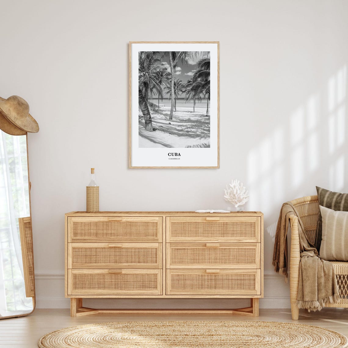 Cuba Caribbean Leaning Palms Beach Black and White Travel Poster - Image 3