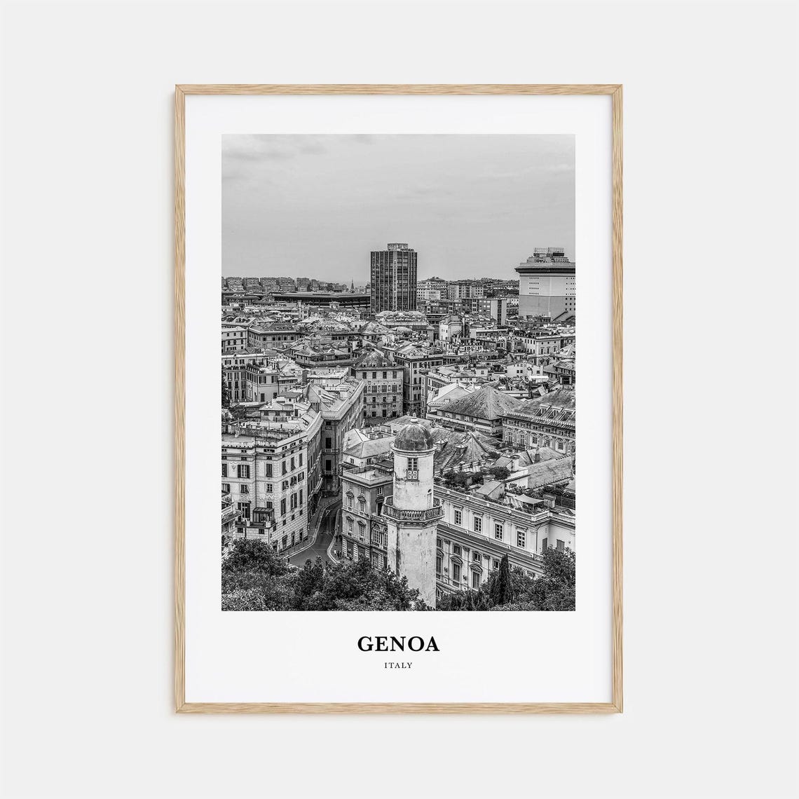 Genoa Italy Historic Cityscape Rooftops Black and White Photo Poster