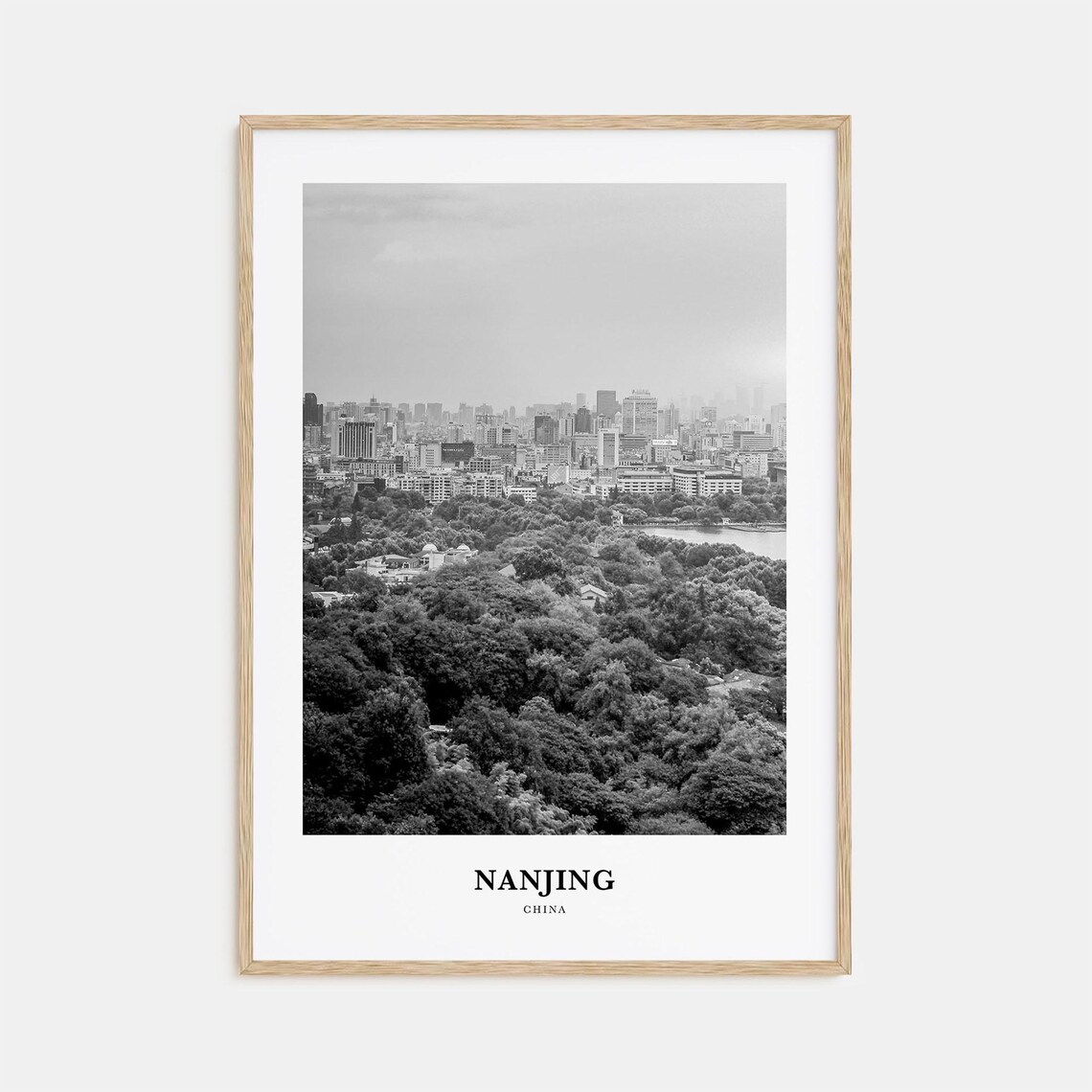 Nanjing China Skyline Lake Green Hills Black And White Travel Poster