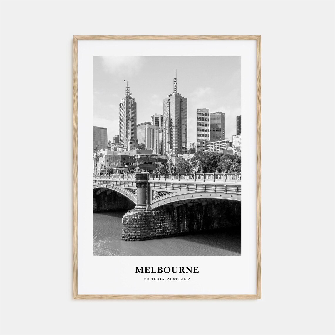Melbourne City Skyline Black and White Princes Bridge Travel Poster