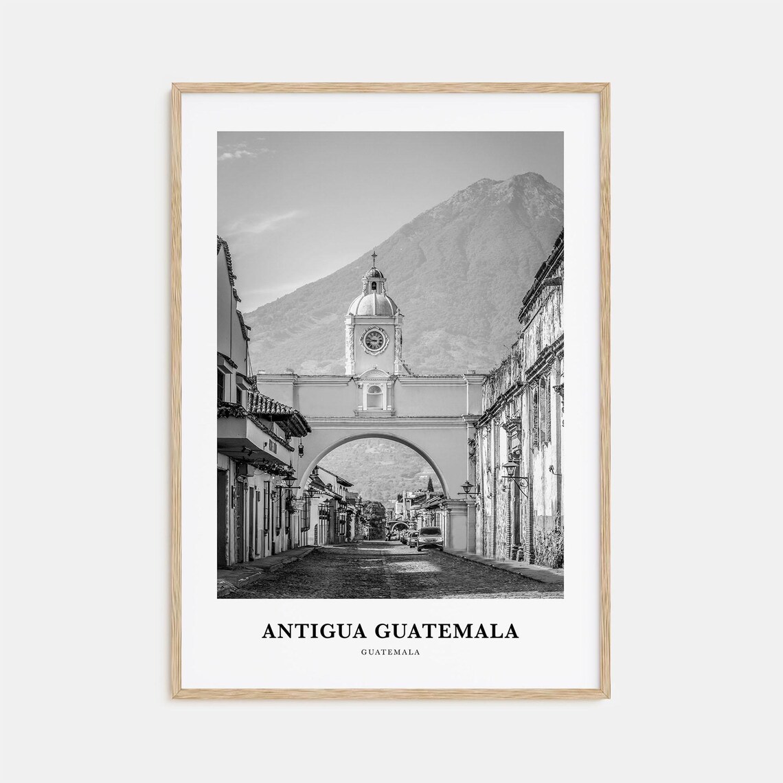 Antigua Guatemala Santa Catalina Arch Volcano Black and White Poster