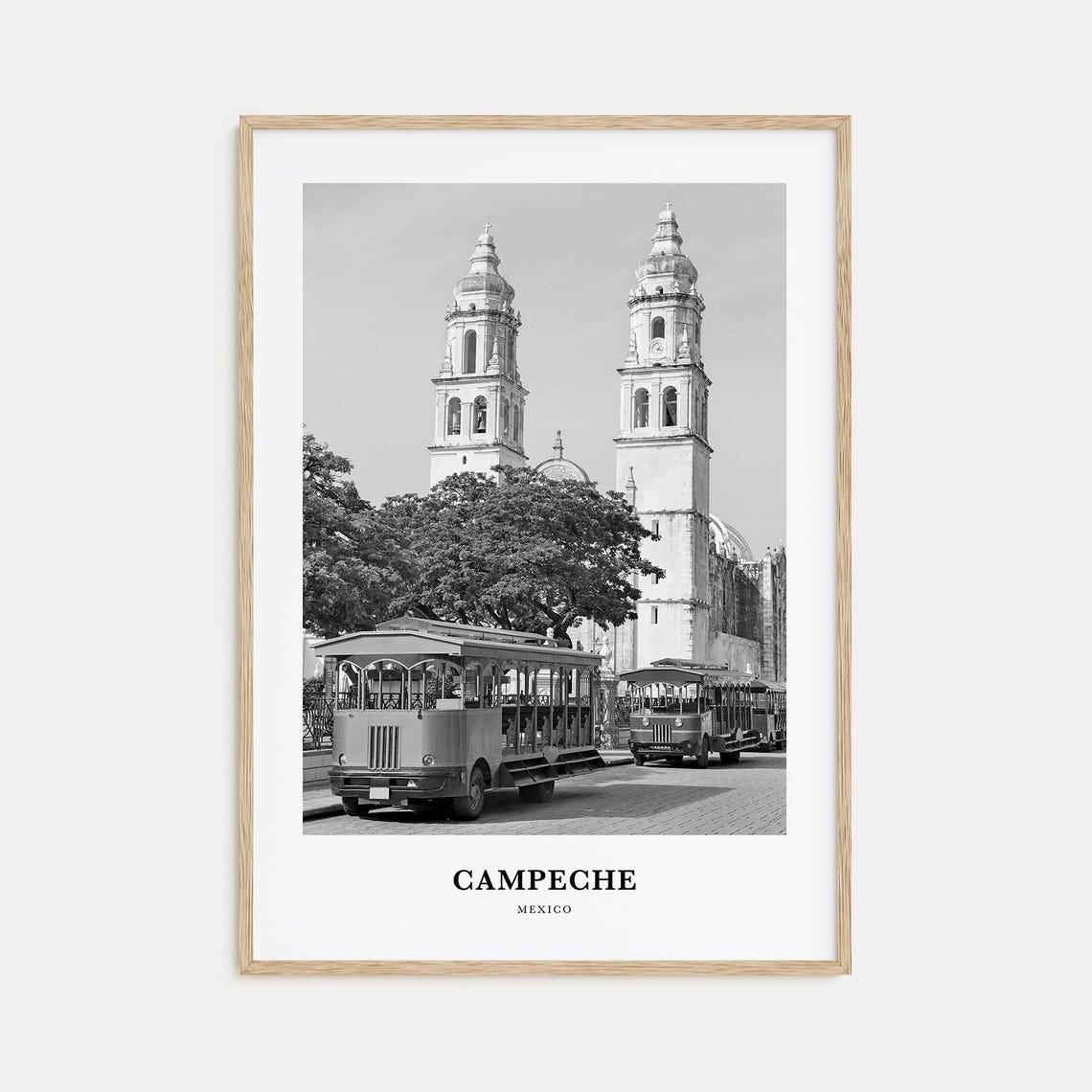 Campeche Mexico Colonial Cathedral Trolley Monochrome Poster