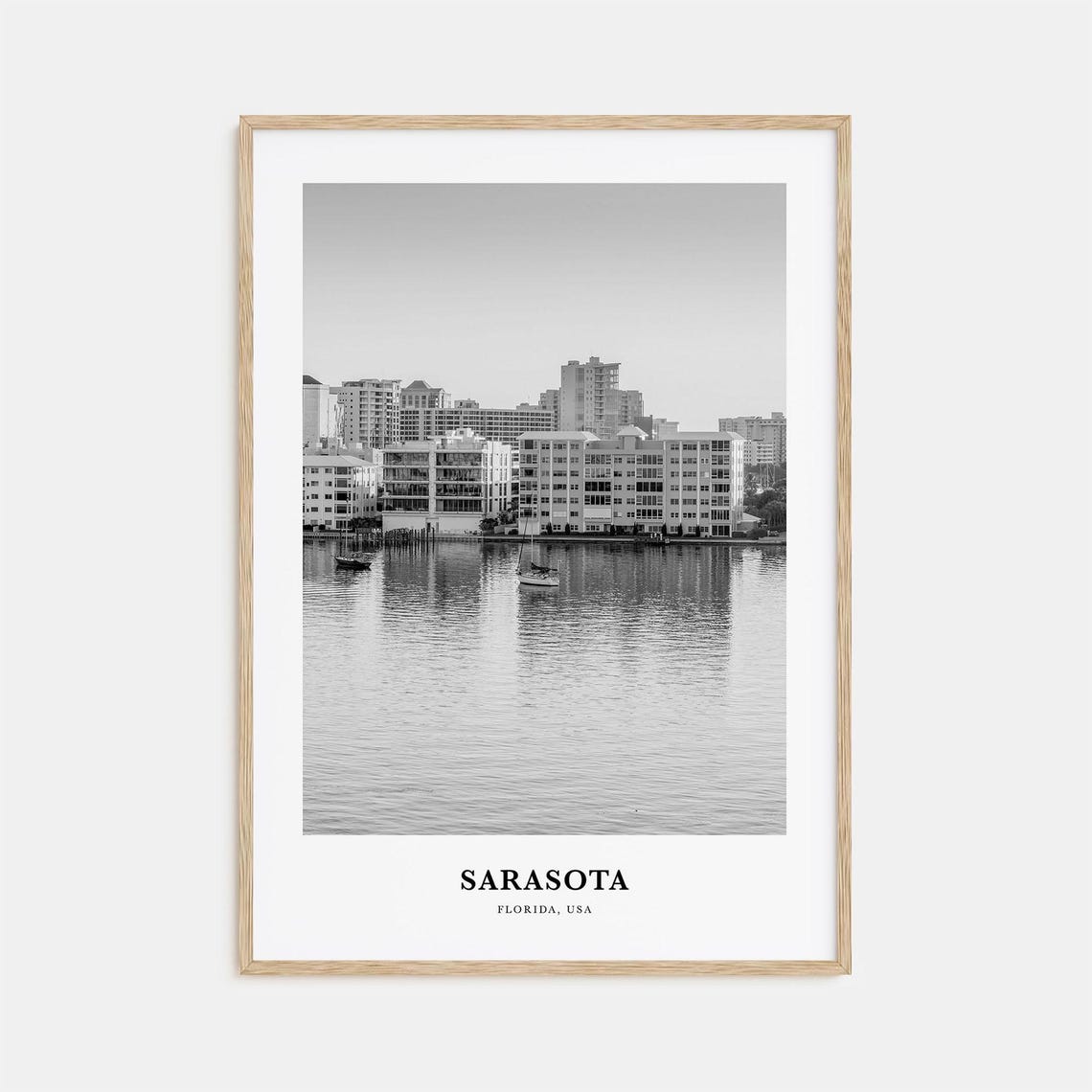Sarasota Florida Waterfront Skyline Boats Black and White Poster