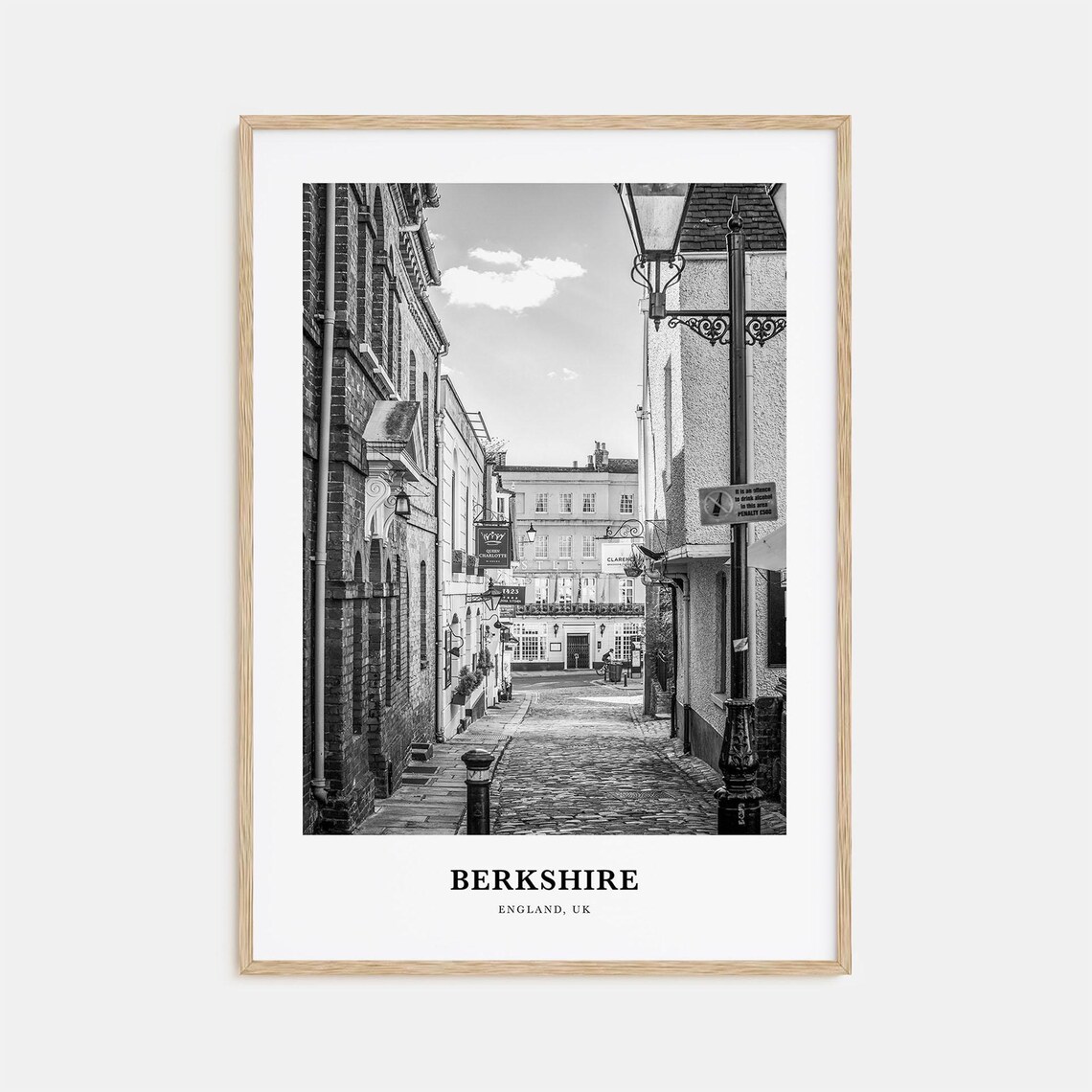 Berkshire England Charming Cobblestone Street Lamps Black White Poster