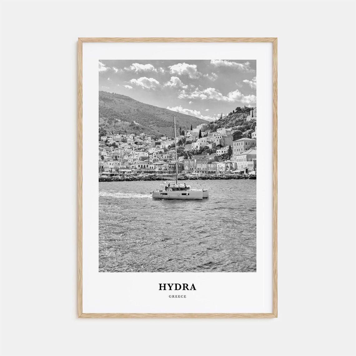 Hydra Harbor Sailboat Catamaran Greece Black and White Travel Poster