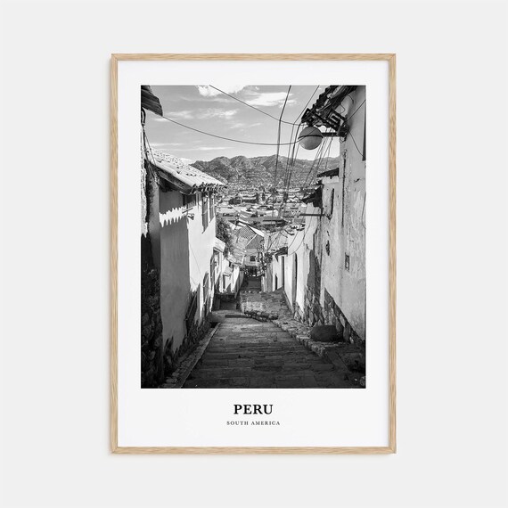 Peru Colonial Stone Street Old Town Stairs Black and White Poster
