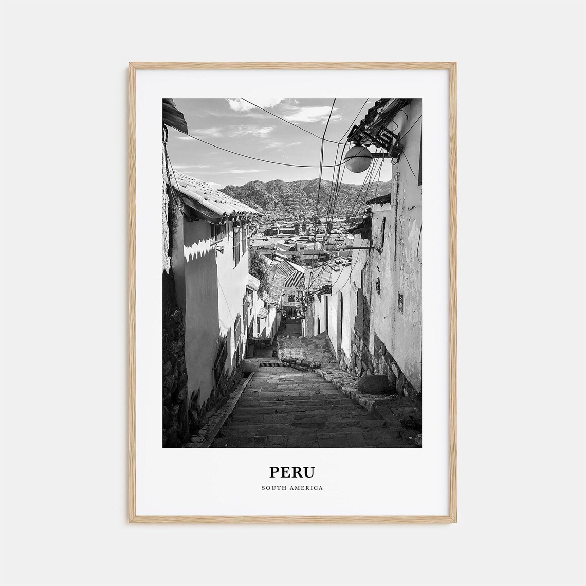 Peru Colonial Stone Street Old Town Stairs Black and White Poster