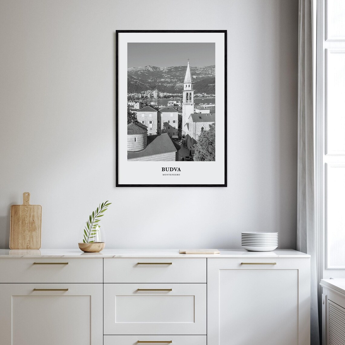 Budva Montenegro Old Town Church Tower Black and White Travel Poster - Image 2