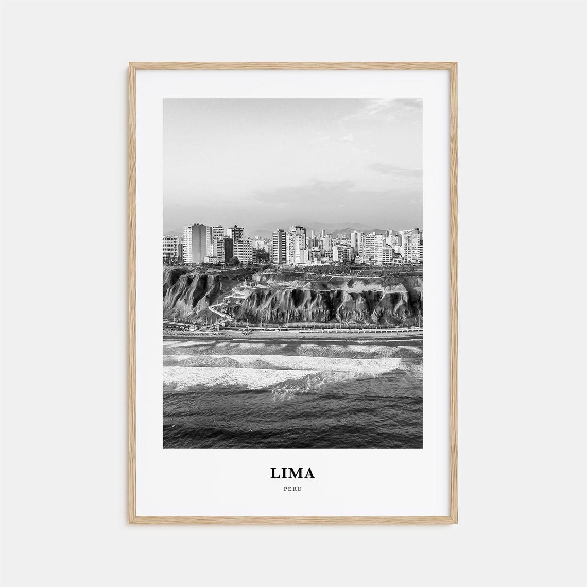Lima Peru Miraflores Cliffs Ocean Black White Coastal Poster