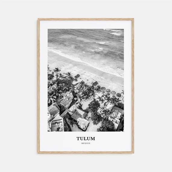 Tulum Mexico Aerial Beach Palapas Black and White Photography Poster