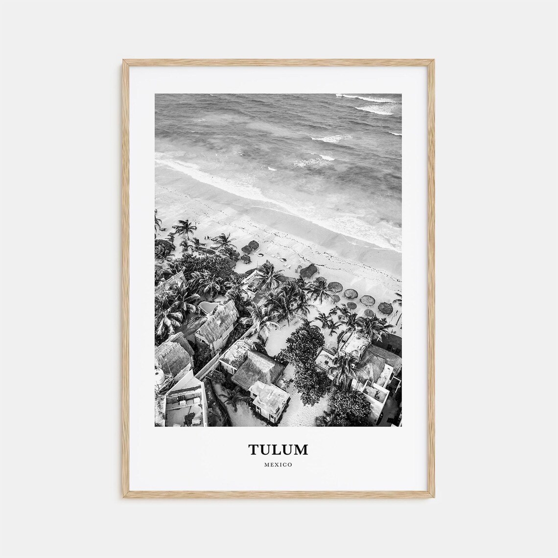 Tulum Mexico Aerial Beach Palapas Black and White Photography Poster