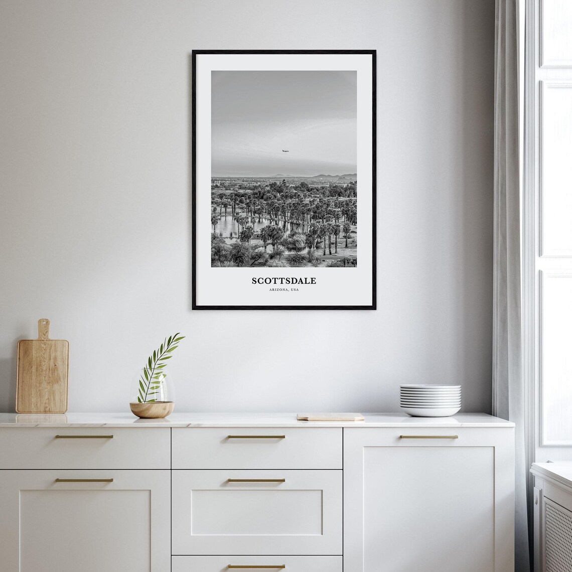 Scottsdale Arizona Palm Grove Lake Skyline Black White Travel Poster - Image 2
