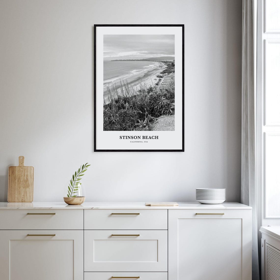 Stinson Beach California Coastal Bluff Shoreline Black White Poster - Image 2