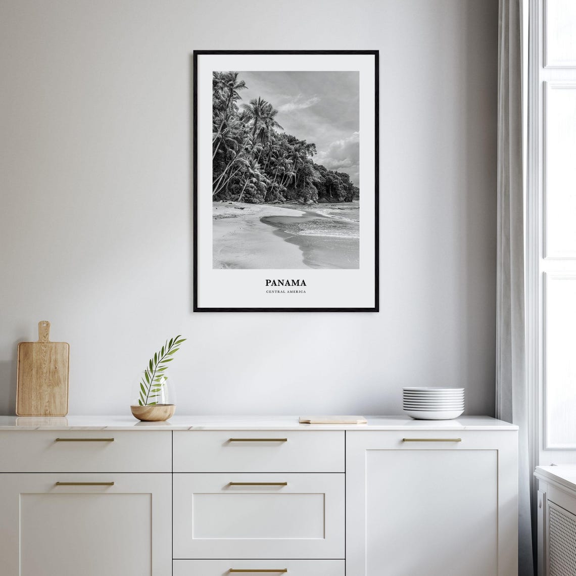Panama Central America Palm Lined Tropical Beach Black White Poster - Image 2