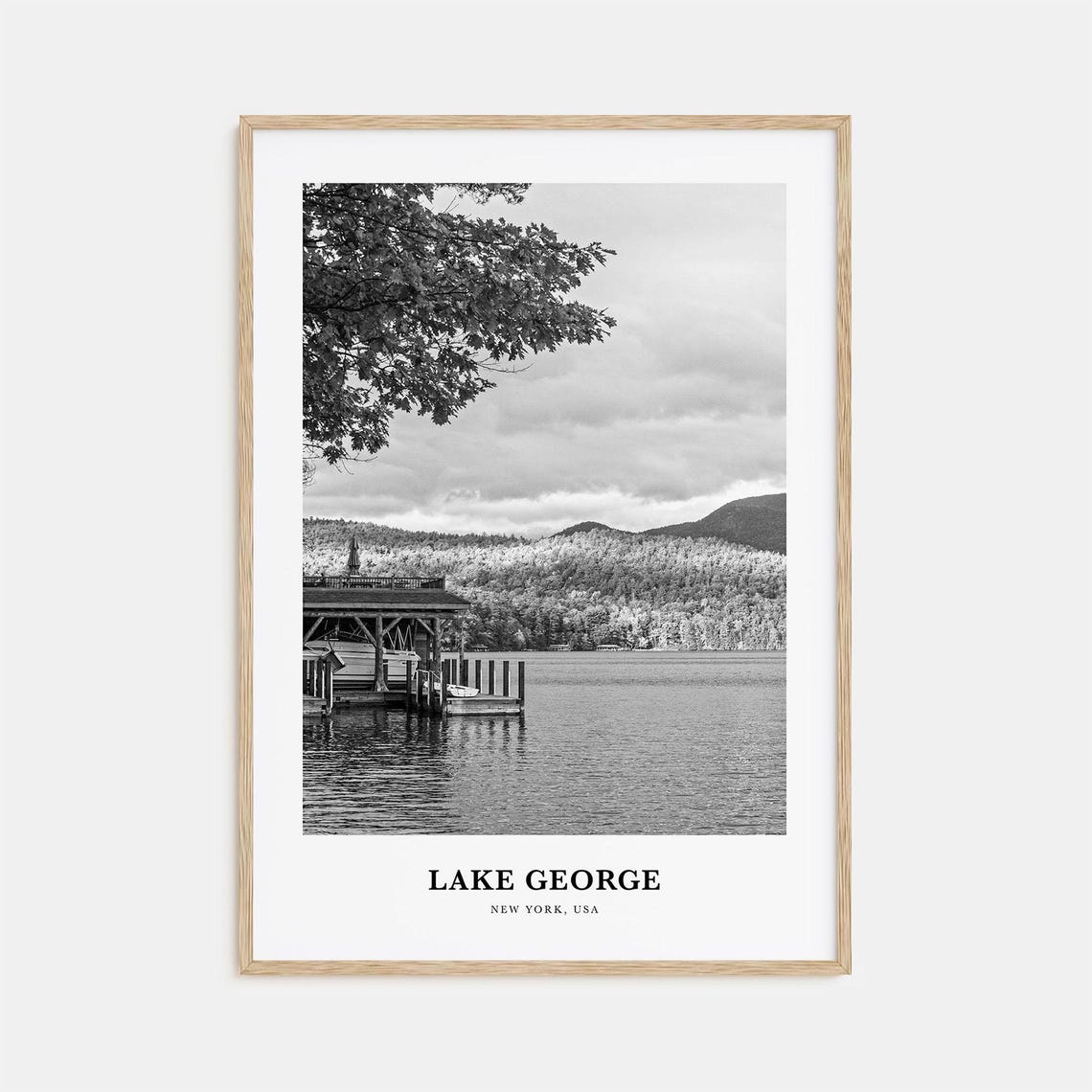 Lake George Boathouse Dock Black And White Adirondacks Poster
