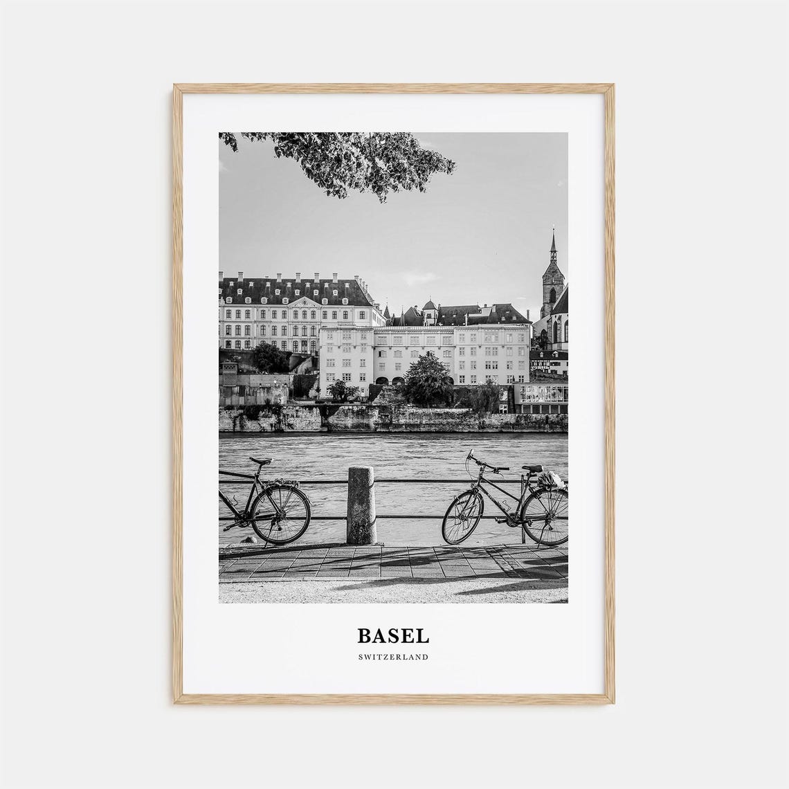 Basel Riverfront Bicycles and Old Buildings Switzerland Travel Poster