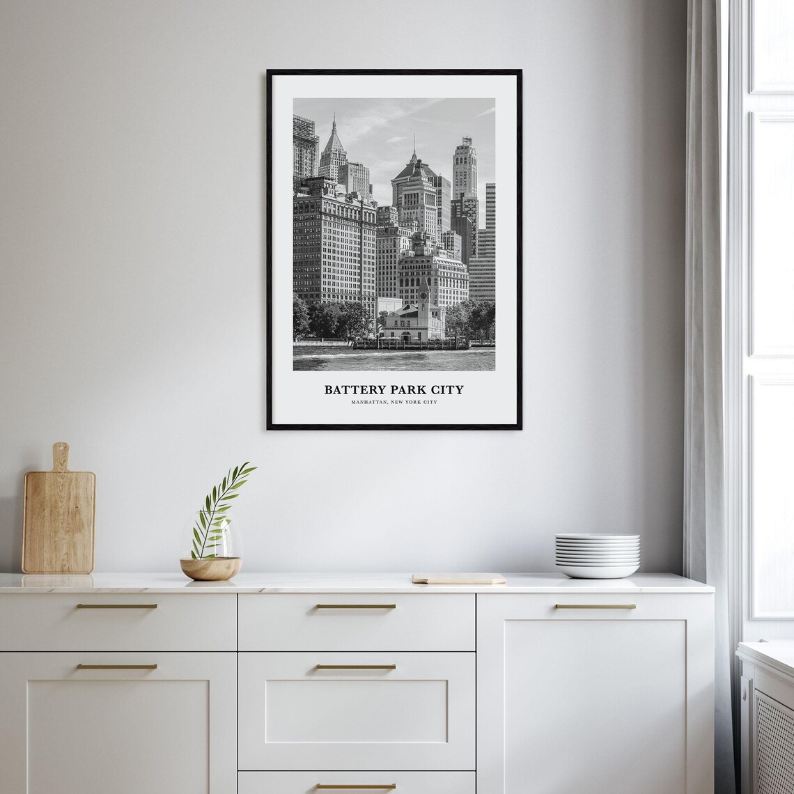 Battery Park City Manhattan Skyline From The Water Black White Poster - Image 2