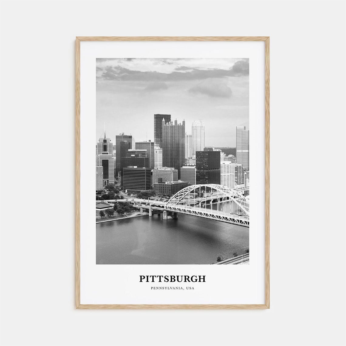 Pittsburgh Skyline with River Bridge Black and White Travel Poster