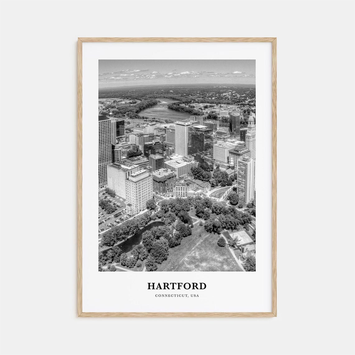 Hartford Connecticut Aerial Downtown River Black White Poster