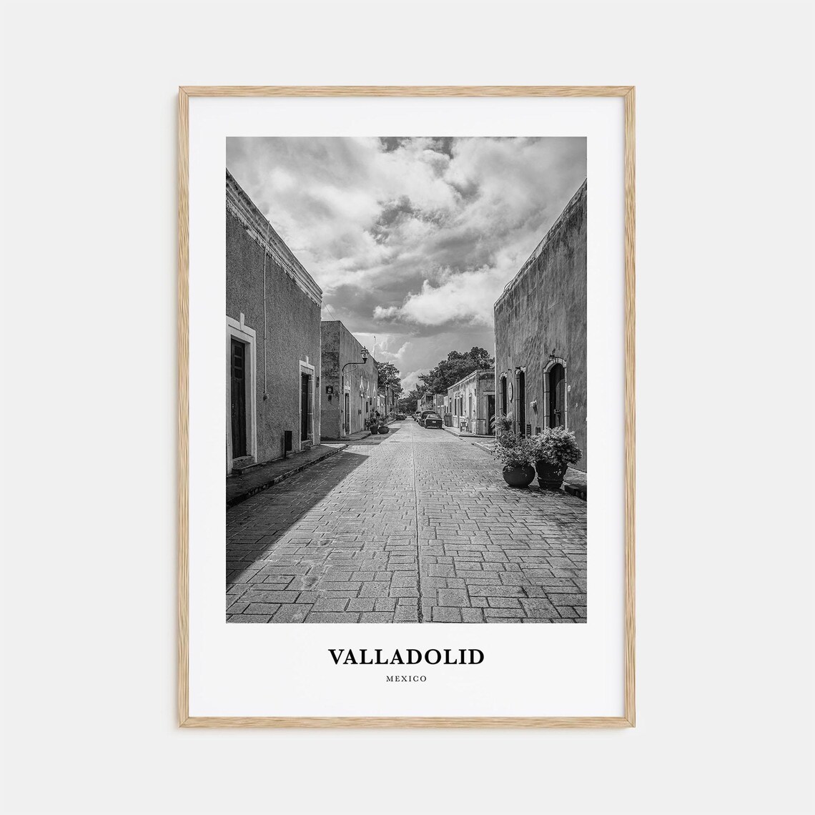 Valladolid Mexico Cobblestone Old Street Monochrome Art Poster