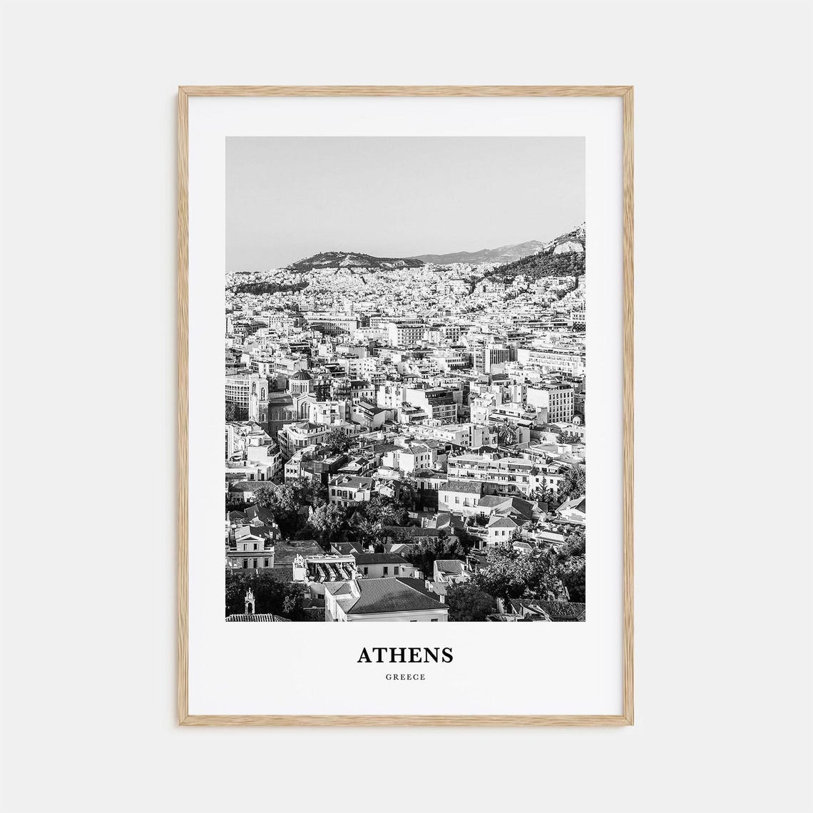 Athens Greece Old Town Hillside Cityscape Black and White Poster